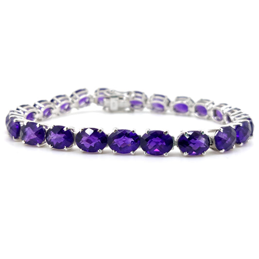Genuine Amethyst Bracelet-925 Sterling Silver- Amethyst Jewelry-Oval Purple Stone-February Birthstone, Tennis Bracelet-Anniversary Gift