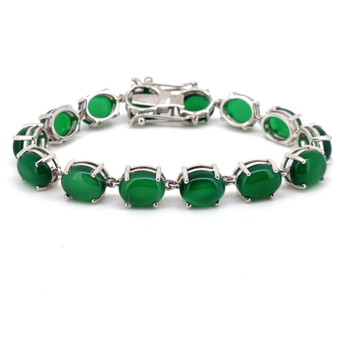 Green Onyx Oval Cabochon Tennis Bracelet, Sterling Silver May Birthstone Jewelry