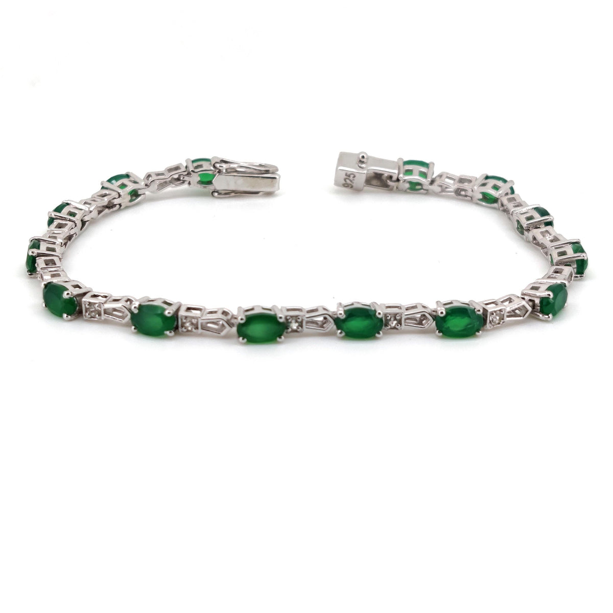 Sterling Silver Green Onyx Oval Gemstone Tennis Bracelet, May Birthstone, Layering Jewelry