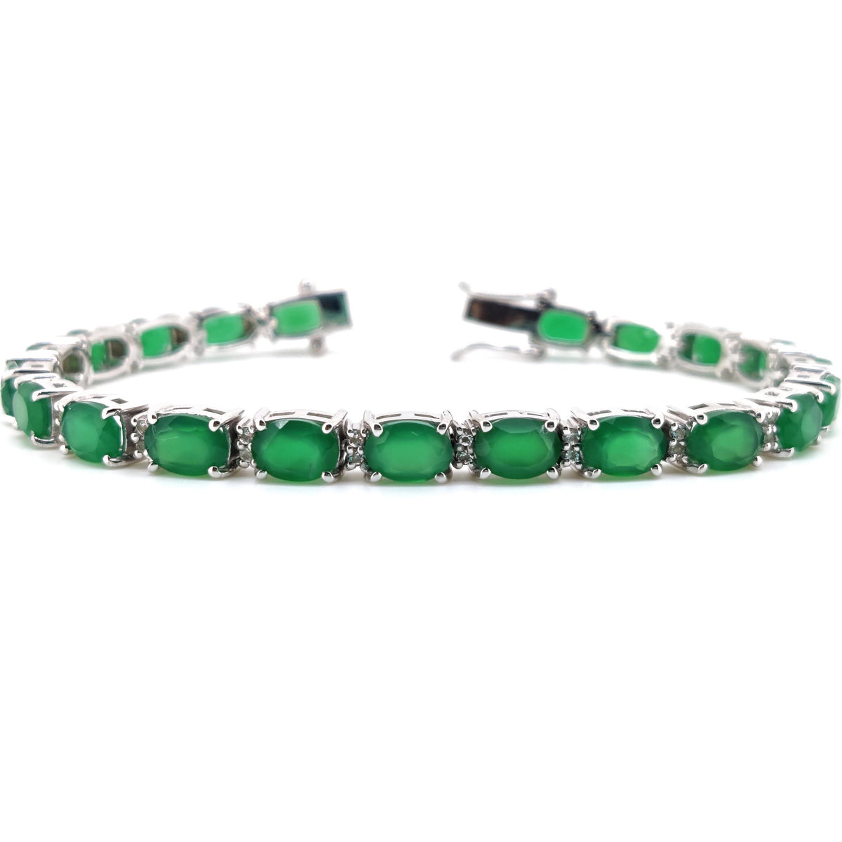 Green Onyx Tennis Bracelet, Sterling Silver, May Birthstone, Oval Cut Faceted Gemstone