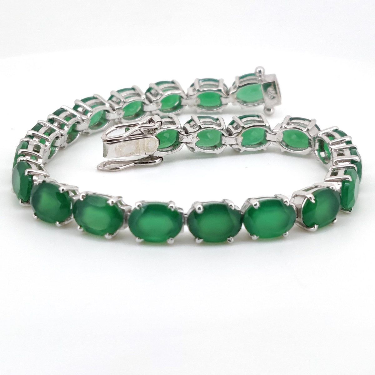 Natural Green Onyx Sterling Silver Tennis Bracelet, May Birthstone Jewelry