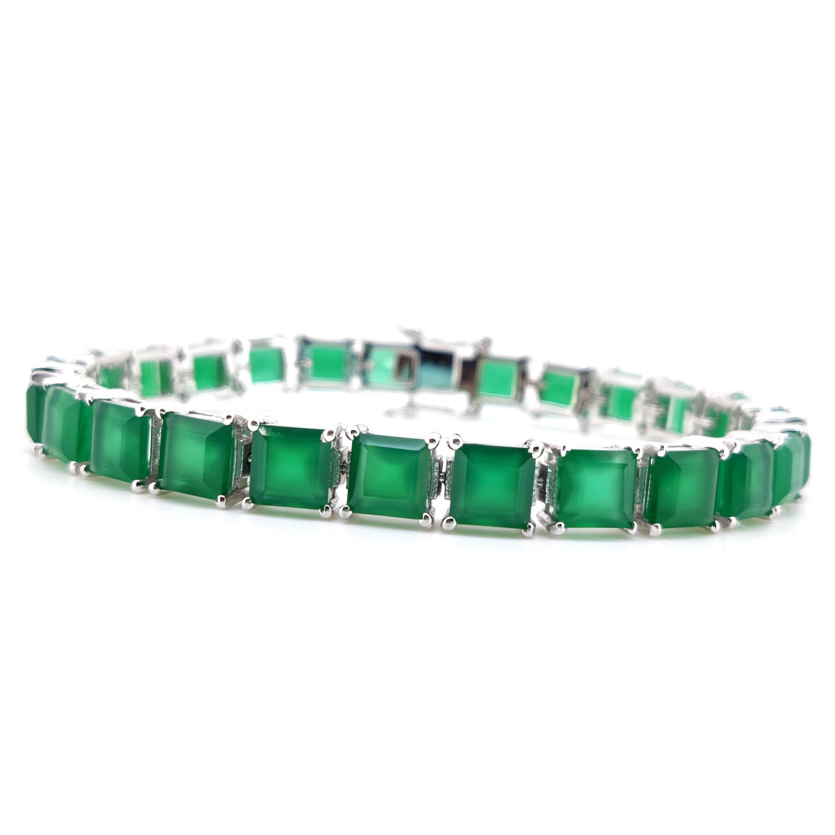 Square Green Onyx Sterling Silver Bracelet, May Birthstone Gemstone Jewelry