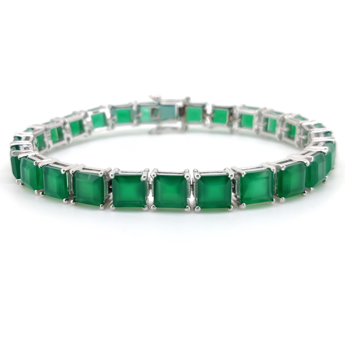 Square Green Onyx Sterling Silver Bracelet, May Birthstone Gemstone Jewelry