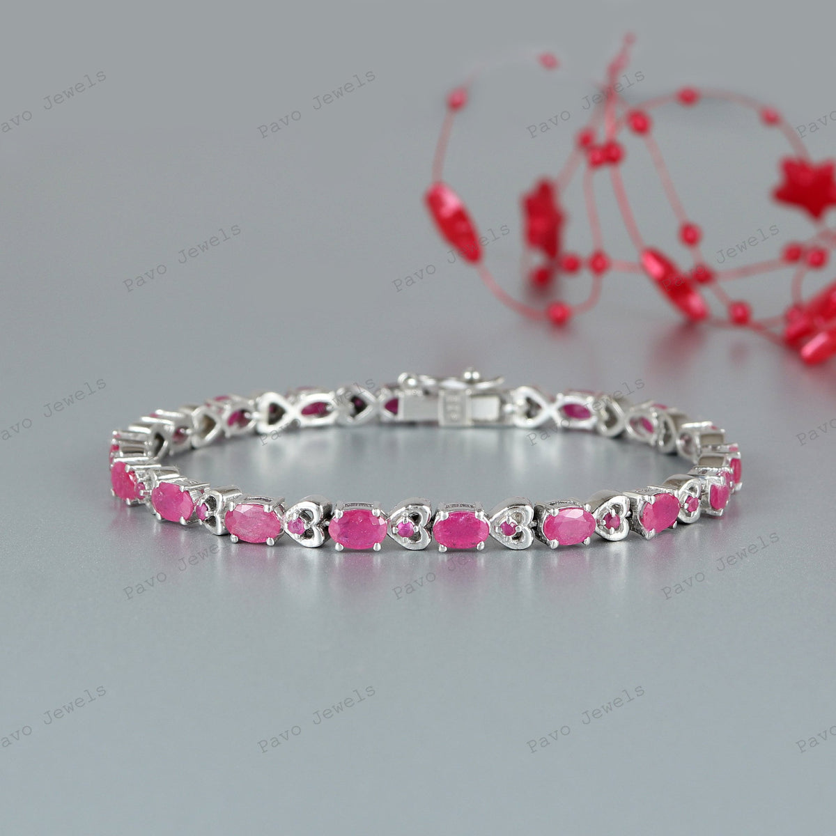 Natural Ruby Tennis Bracelet, 925 Sterling Silver, Oval Cut Gemstones, July Birthstone