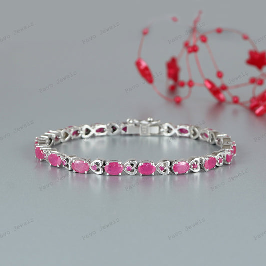Natural Ruby Tennis Bracelet, 925 Sterling Silver, Oval Cut Gemstones, July Birthstone