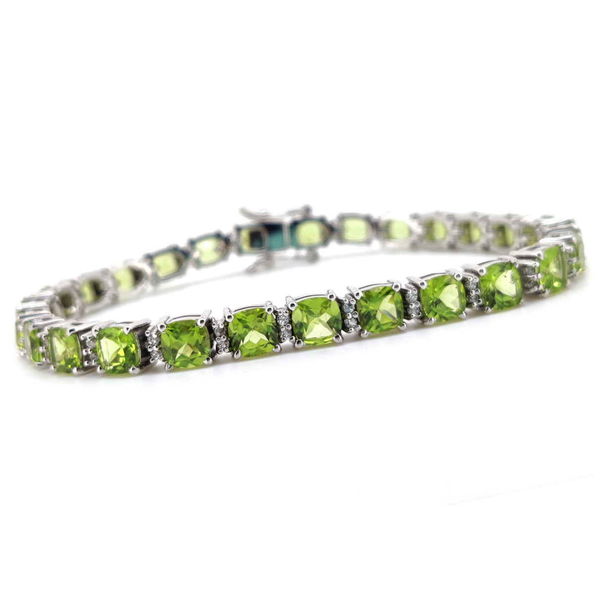 Natural Peridot Tennis Bracelet, Sterling Silver, August Birthstone, Cushion Cut Gemstone