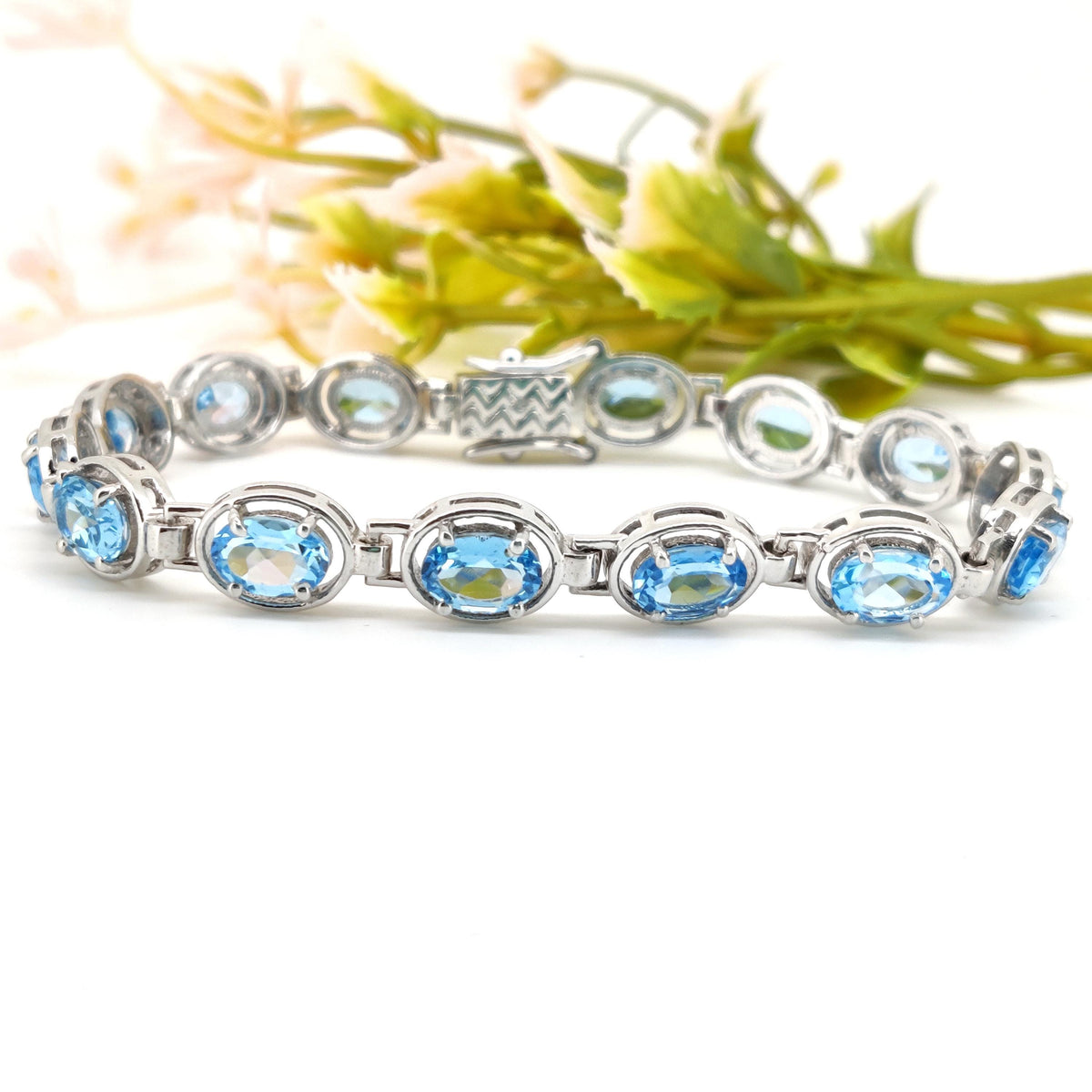 Sterling Silver Swiss Blue Topaz Tennis Bracelet, Oval Gemstone Jewelry
