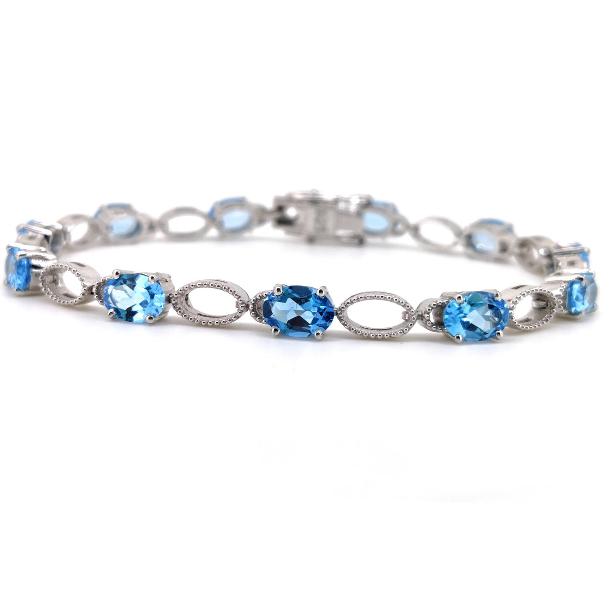 Natural Swiss Blue Topaz Tennis Bracelet, 925 Sterling Silver, Oval Gemstone, December Birthstone