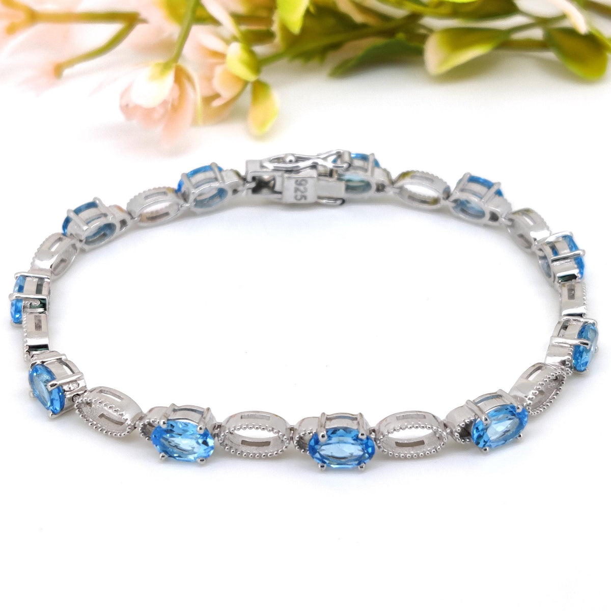 Natural Swiss Blue Topaz Tennis Bracelet, 925 Sterling Silver, Oval Gemstone, December Birthstone
