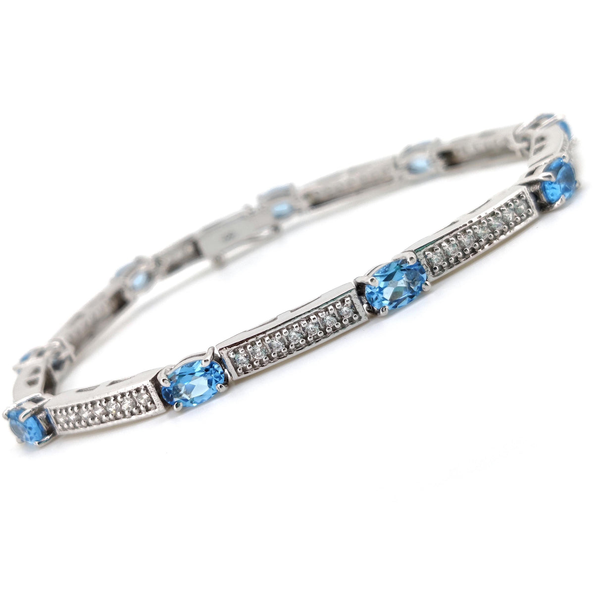 Sterling Silver Swiss Blue Topaz Tennis Bracelet, December Birthstone, Oval Gemstone Dainty Jewelry