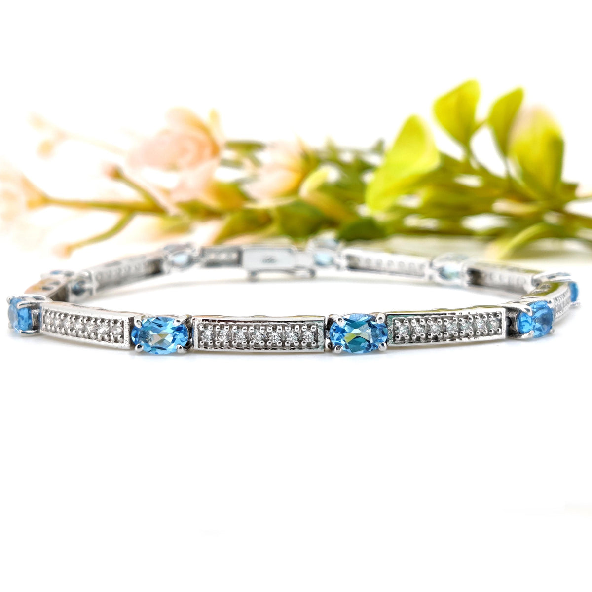 Sterling Silver Swiss Blue Topaz Tennis Bracelet, December Birthstone, Oval Gemstone Dainty Jewelry