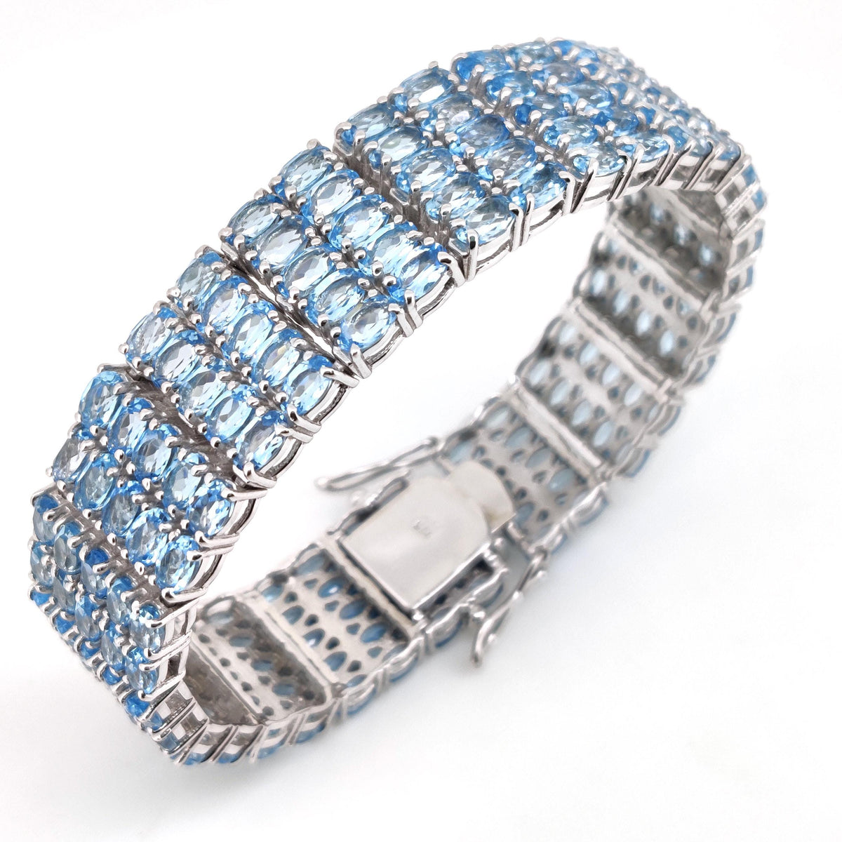 Genuine Blue Topaz Tennis Bracelet, 925 Sterling Silver, Multi Row Gemstone Links