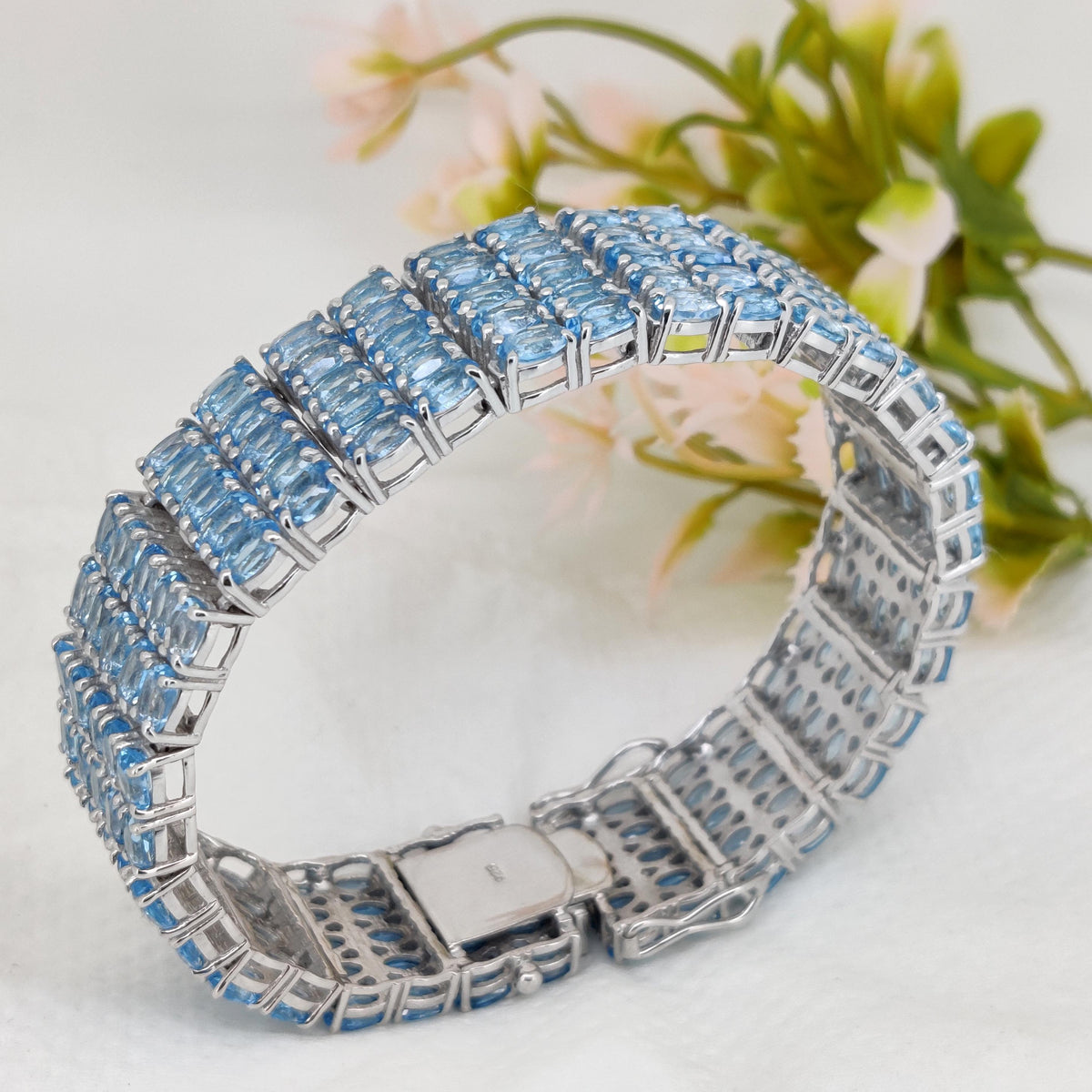 Genuine Blue Topaz Tennis Bracelet, 925 Sterling Silver, Multi Row Gemstone Links