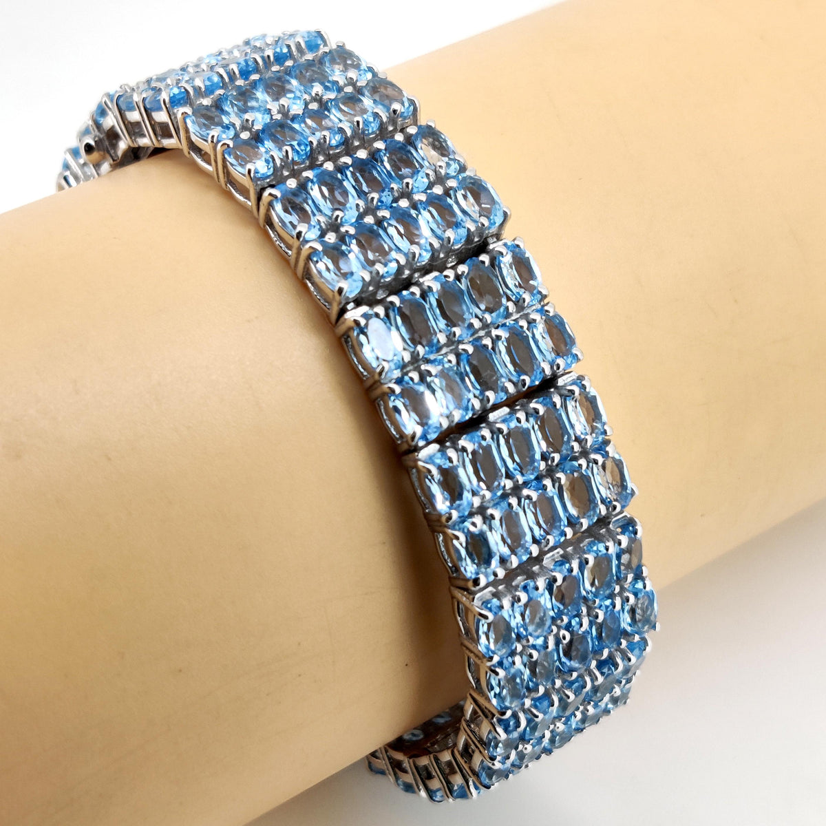Genuine Blue Topaz Tennis Bracelet, 925 Sterling Silver, Multi Row Gemstone Links