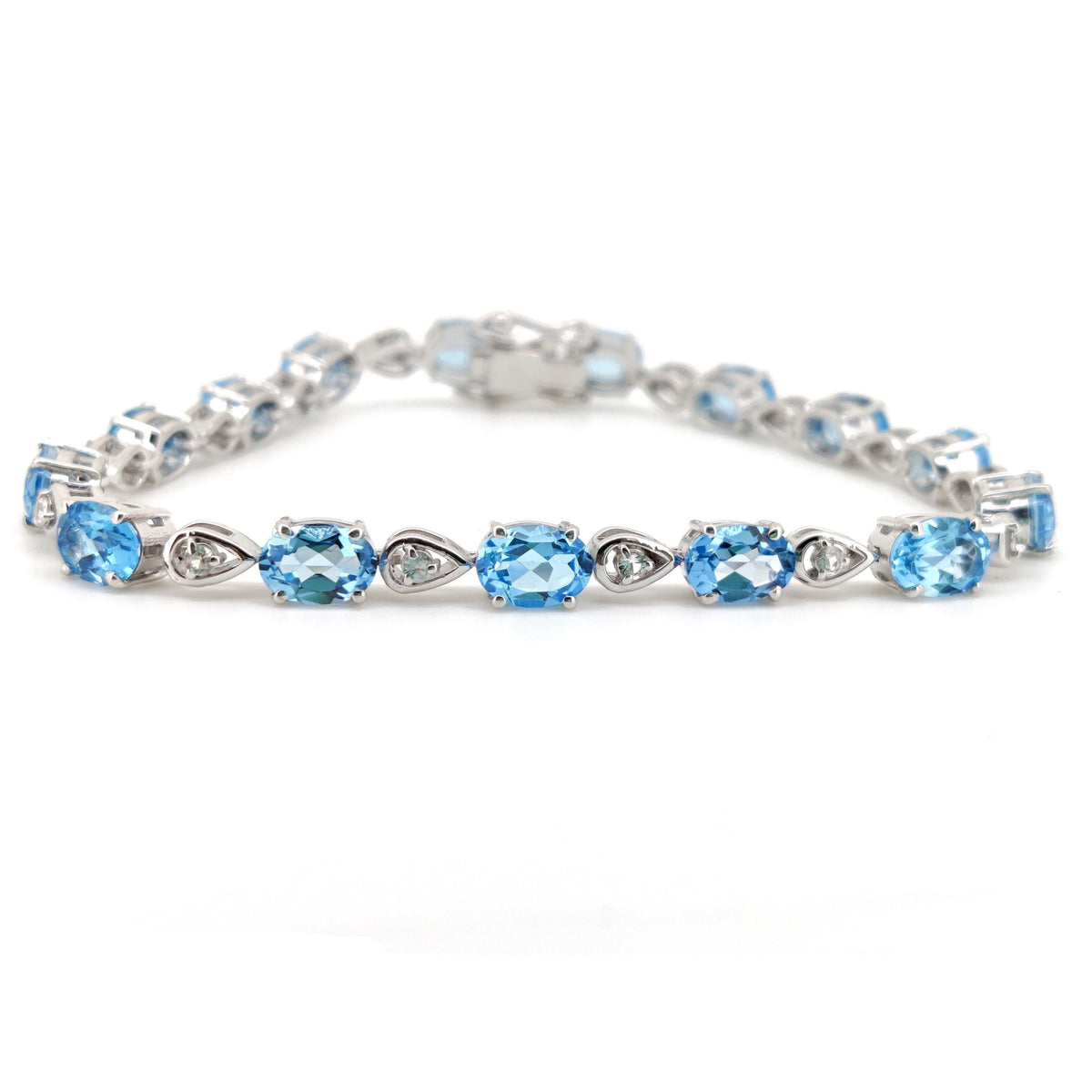 Sterling Silver Swiss Blue Topaz Tennis Bracelet, December Birthstone, Oval Gemstone Dainty Bangle