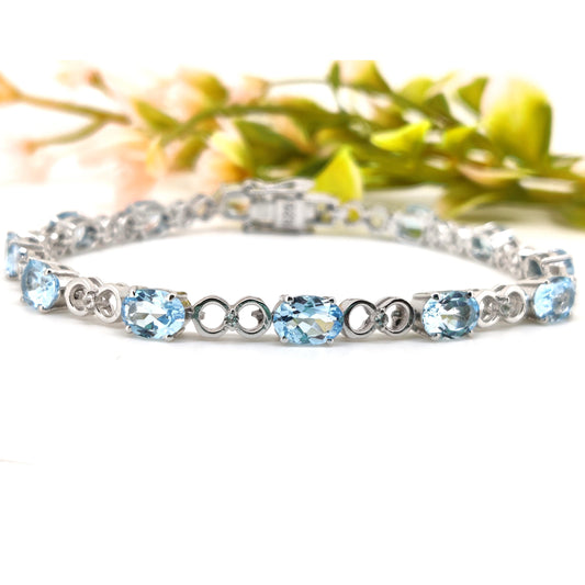 Sterling Silver Blue Topaz Tennis Bracelet, December Birthstone, Oval Gemstone Jewelry