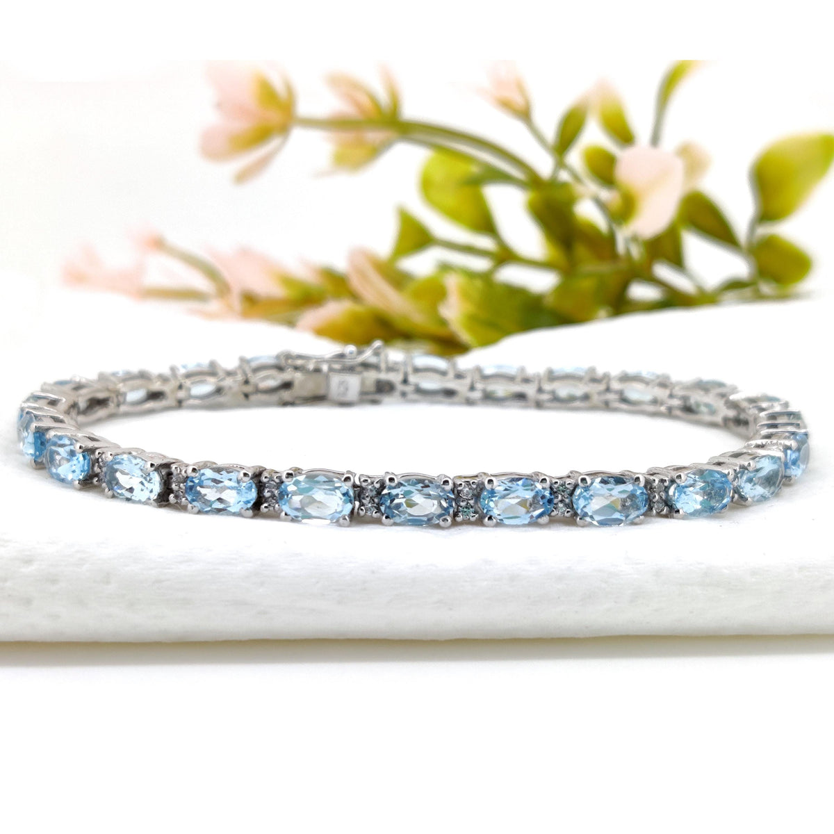 Natural Blue Topaz Tennis Bracelet, Sterling Silver, December Birthstone, Oval Gemstone Jewelry