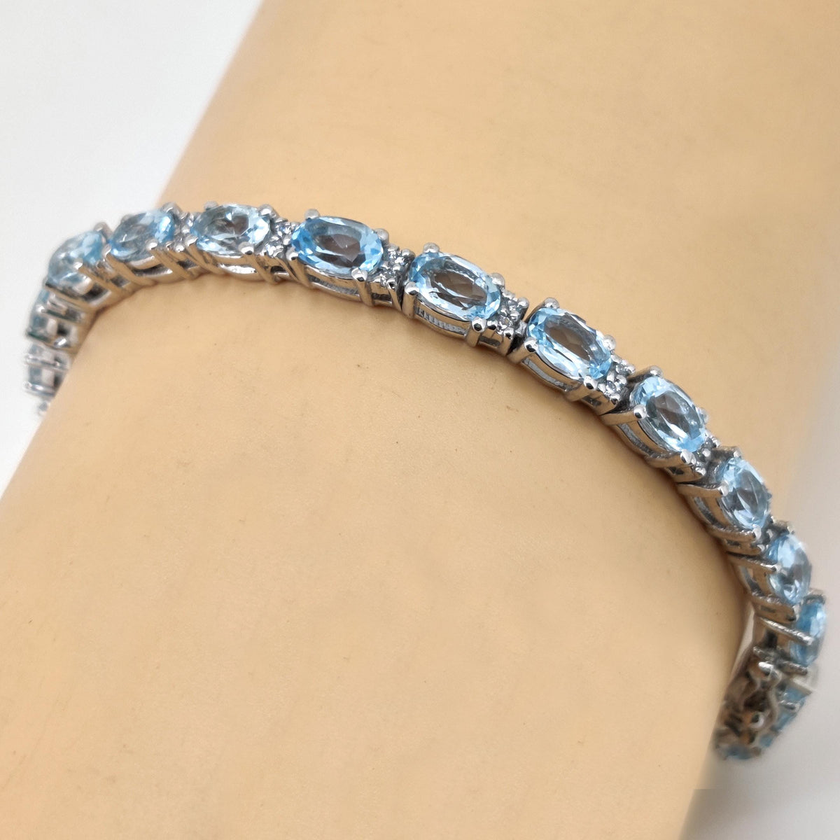 Natural Blue Topaz Tennis Bracelet, Sterling Silver, December Birthstone, Oval Gemstone Jewelry