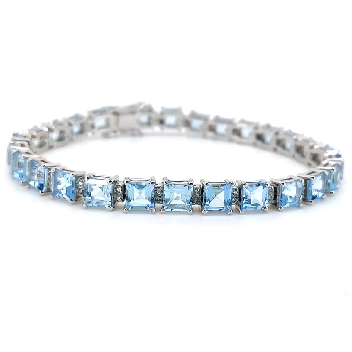 Natural Blue Topaz Sterling Silver Tennis Bracelet, December Birthstone, Square Cut Gemstone