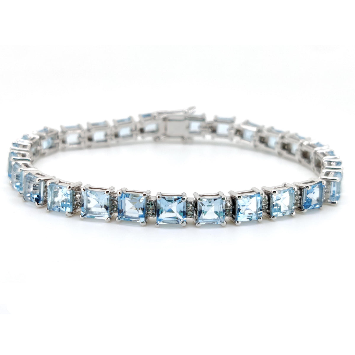 Natural Blue Topaz Sterling Silver Tennis Bracelet, December Birthstone, Square Cut Gemstone