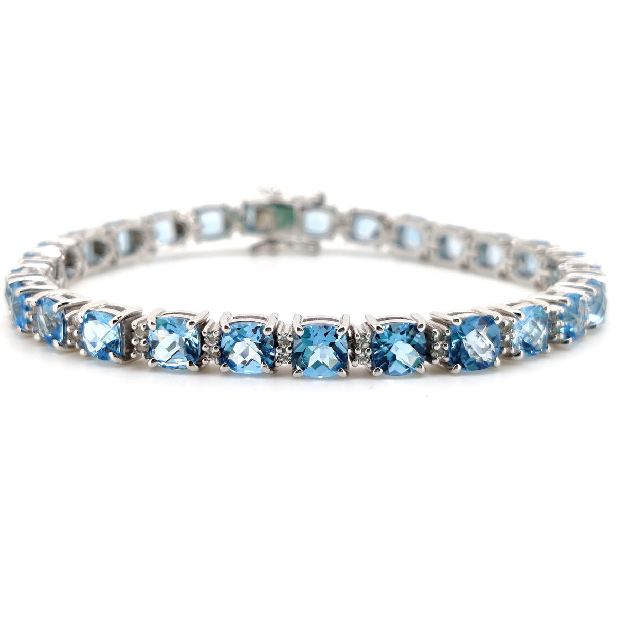 Natural Swiss Blue Topaz Tennis Bracelet, Sterling Silver, Cushion Cut Gemstone, December Birthstone