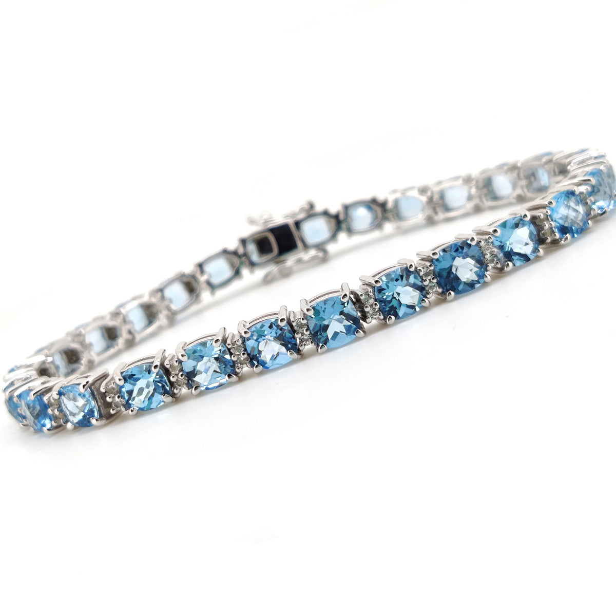 Natural Swiss Blue Topaz Tennis Bracelet, Sterling Silver, Cushion Cut Gemstone, December Birthstone