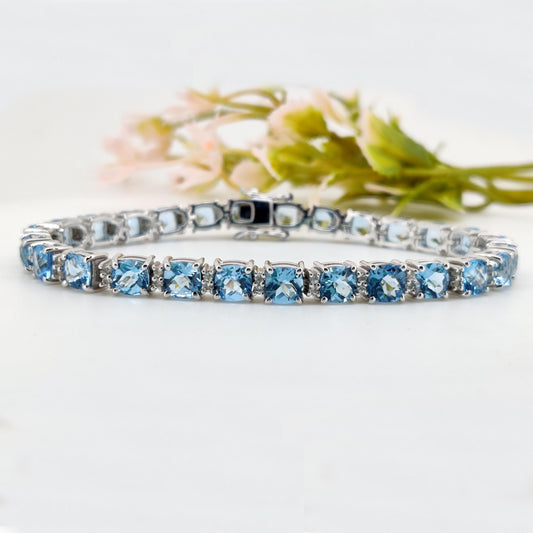 Natural Swiss Blue Topaz Tennis Bracelet, Sterling Silver, Cushion Cut Gemstone, December Birthstone