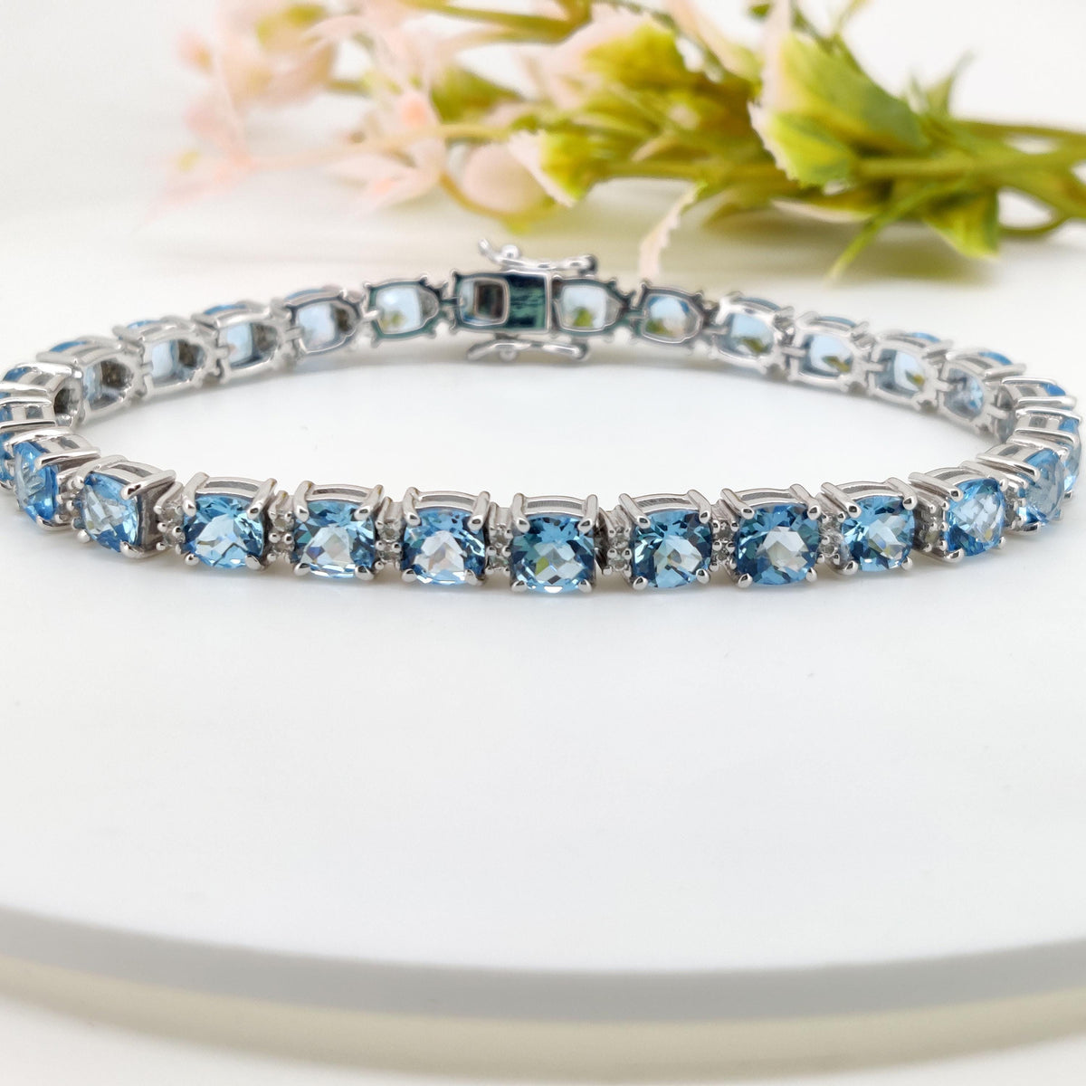 Natural Swiss Blue Topaz Tennis Bracelet, Sterling Silver, Cushion Cut Gemstone, December Birthstone
