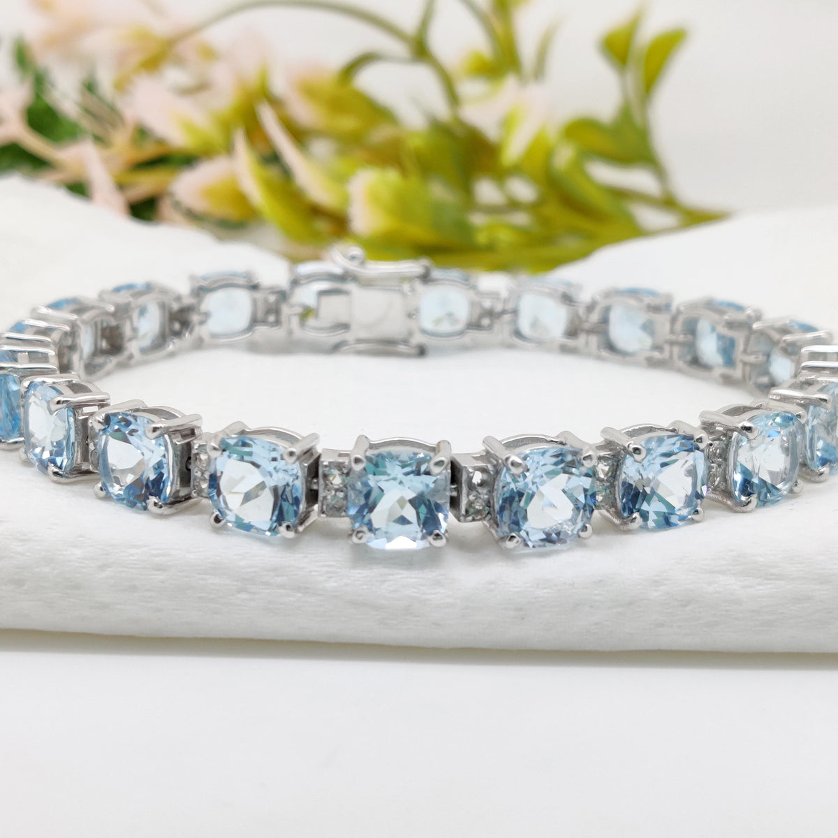 Natural Blue Topaz Cushion Cut Tennis Bracelet, Sterling Silver, December Birthstone
