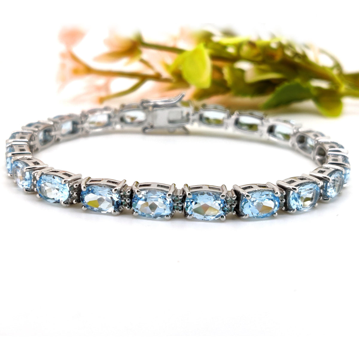 Oval Swiss Blue Topaz Tennis Bracelet, Sterling Silver, December Birthstone, Dainty Gift