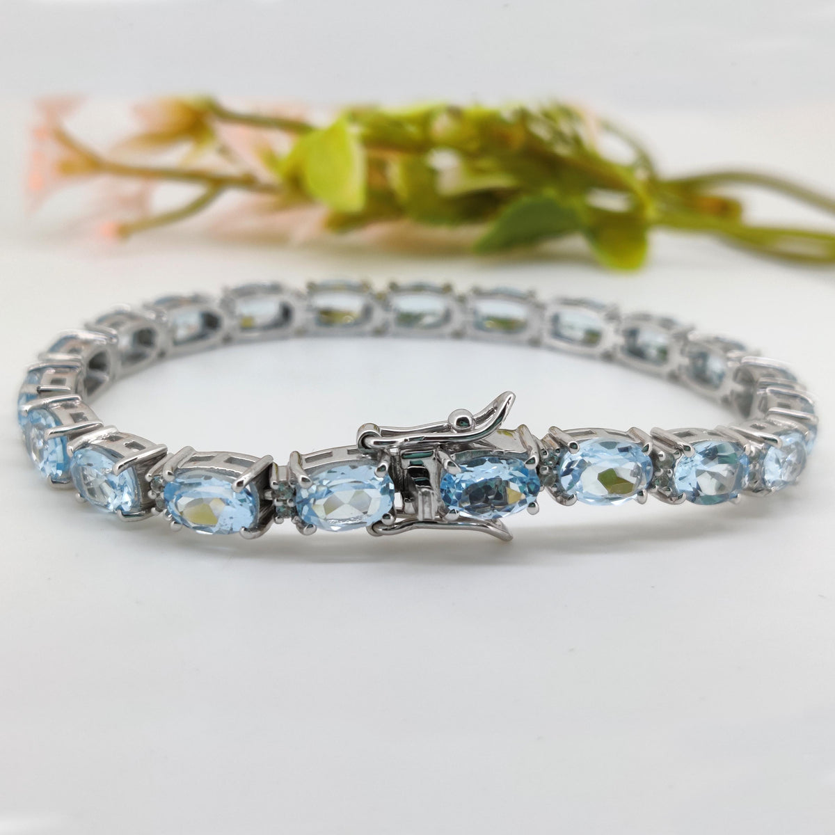 Oval Swiss Blue Topaz Tennis Bracelet, Sterling Silver, December Birthstone, Dainty Gift
