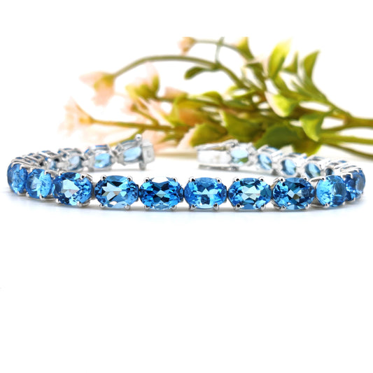 Oval Swiss Blue Topaz Tennis Bracelet, Sterling Silver, December Birthstone, Minimalist Jewelry