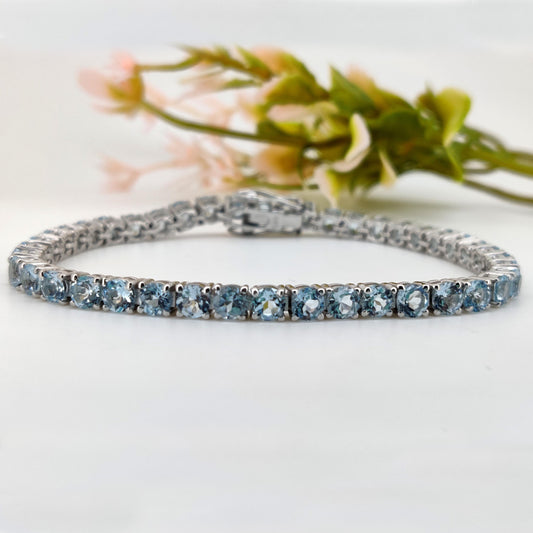 Dainty Blue Topaz Tennis Bracelet: Sterling Silver Minimalist December Birthstone Jewelry