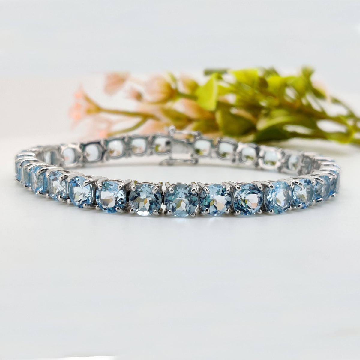 Minimalist Blue Topaz Tennis Bracelet, Sterling Silver, December Birthstone, Wedding Gift