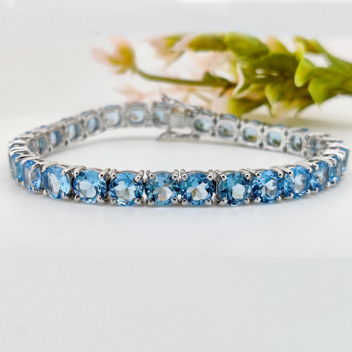6mm Round Swiss Blue Topaz Tennis Bracelet, Sterling Silver, December Birthstone