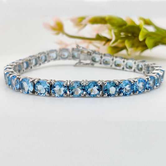 6mm Round Swiss Blue Topaz Tennis Bracelet, Sterling Silver, December Birthstone