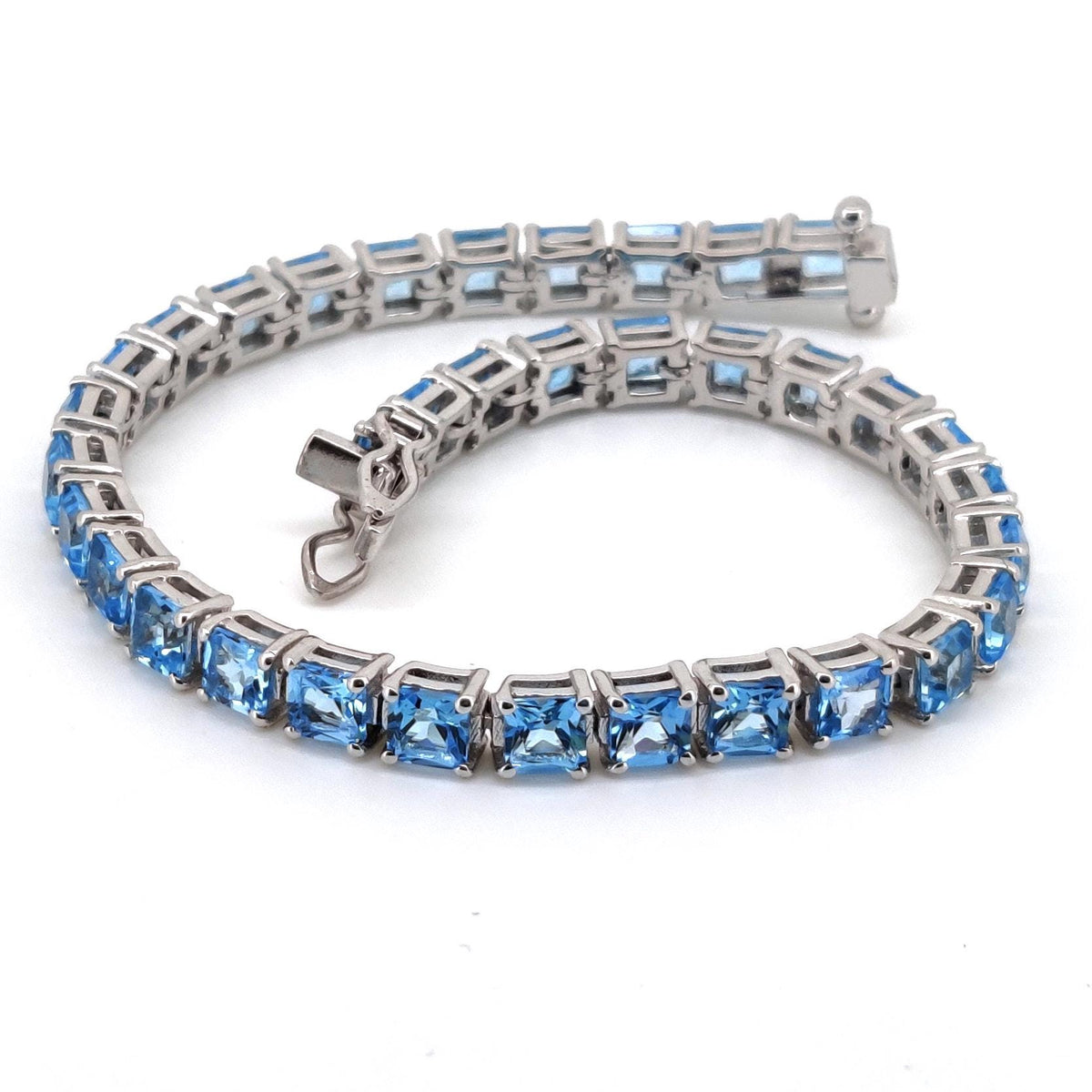 Natural Swiss Blue Topaz Tennis Bracelet, Sterling Silver, December Birthstone, Square Cut Gemstone