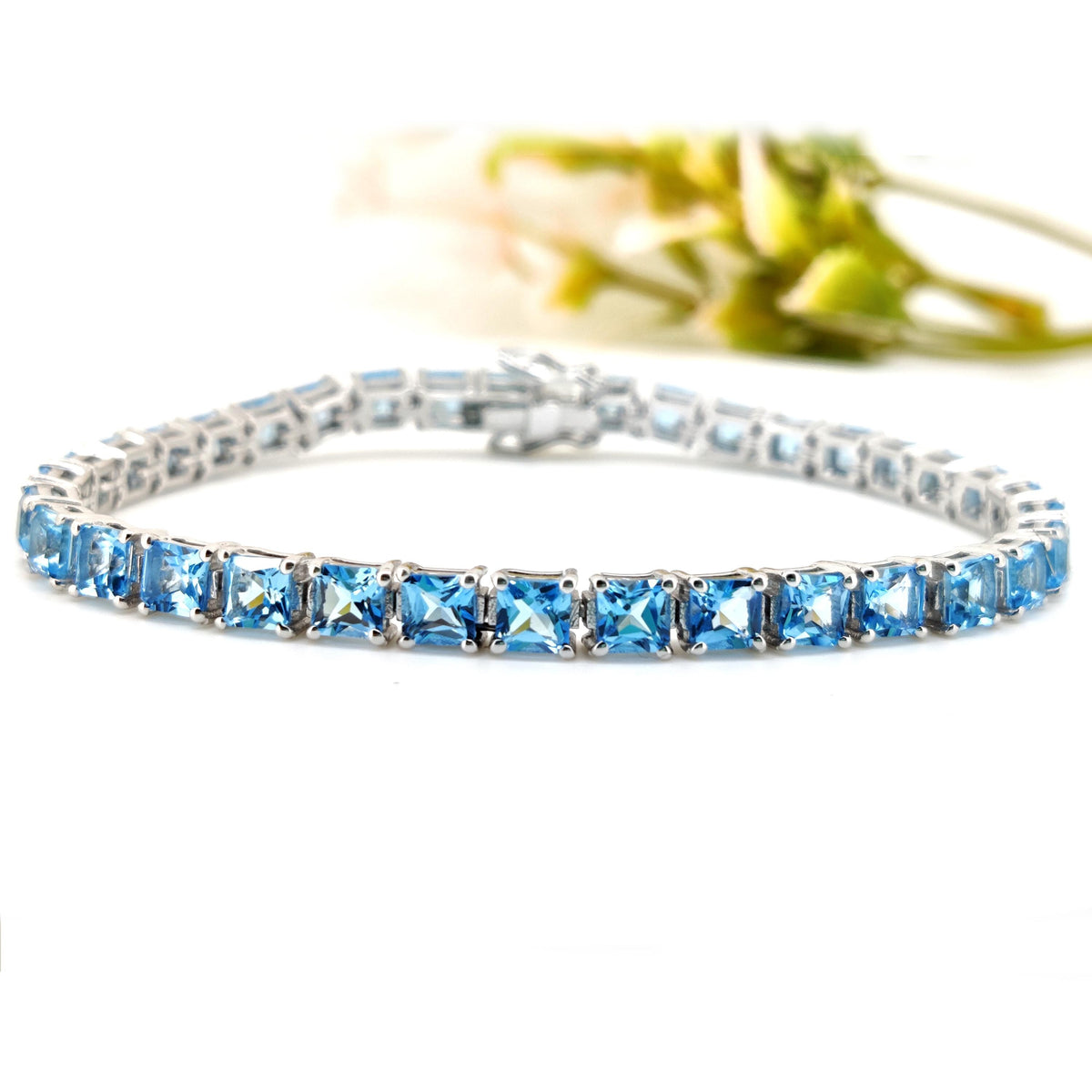 Natural Swiss Blue Topaz Tennis Bracelet, Sterling Silver, December Birthstone, Square Cut Gemstone