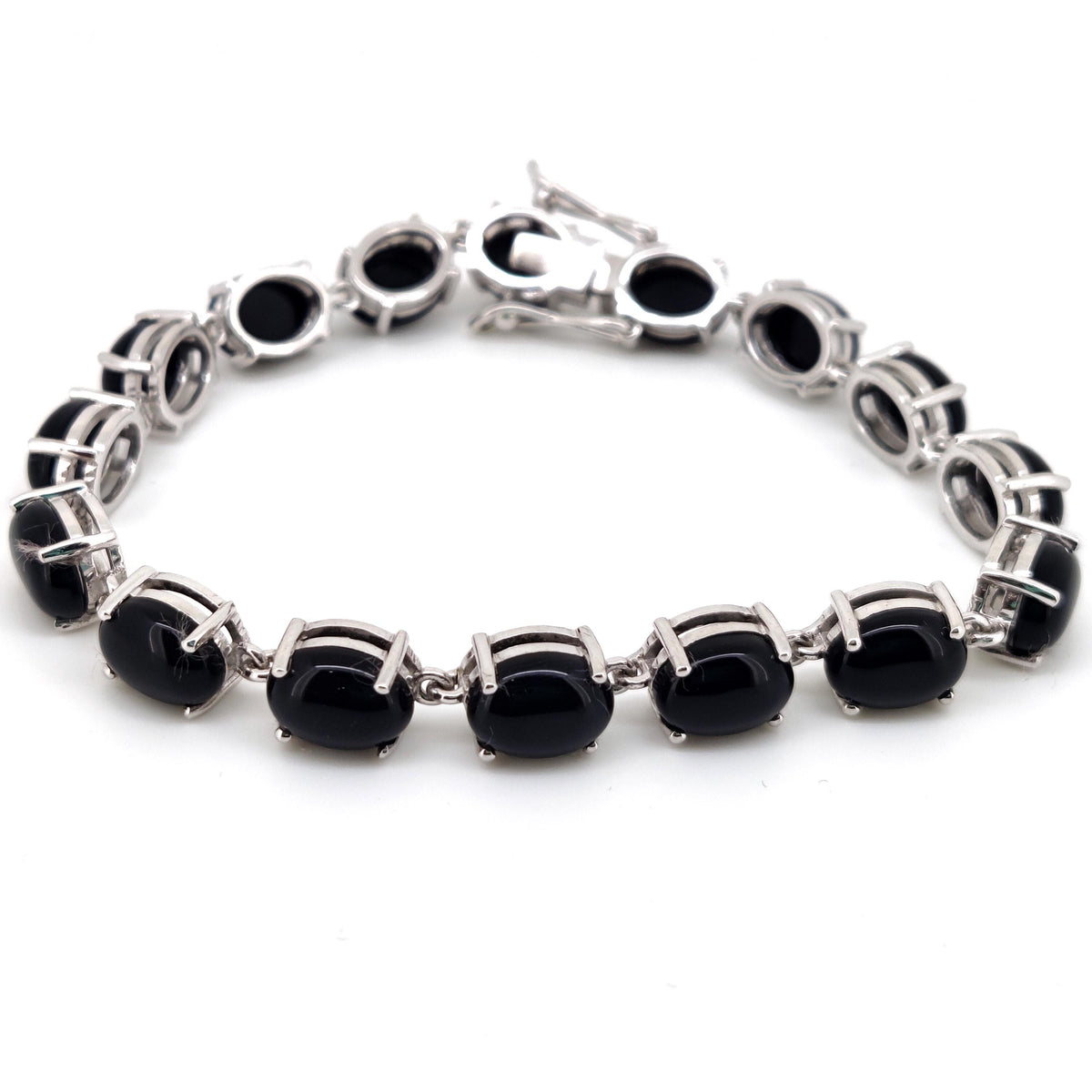 Natural Black Onyx Oval Cabochon Tennis Bracelet, 925 Sterling Silver, Minimalist Stacking Jewelry