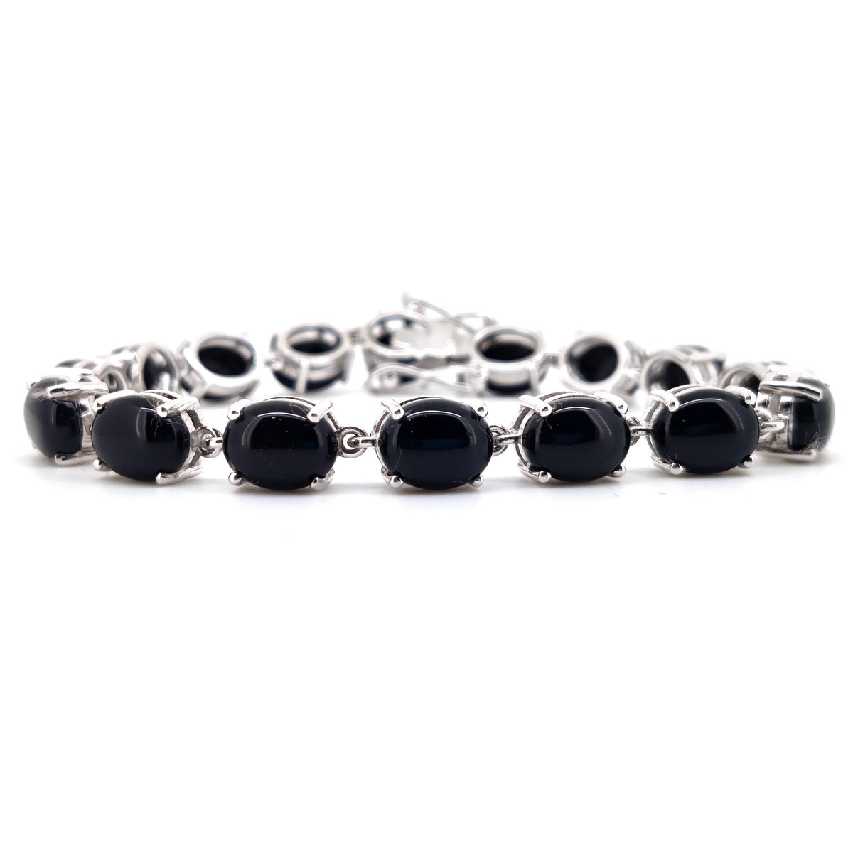 Natural Black Onyx Oval Cabochon Tennis Bracelet, 925 Sterling Silver, Minimalist Stacking Jewelry