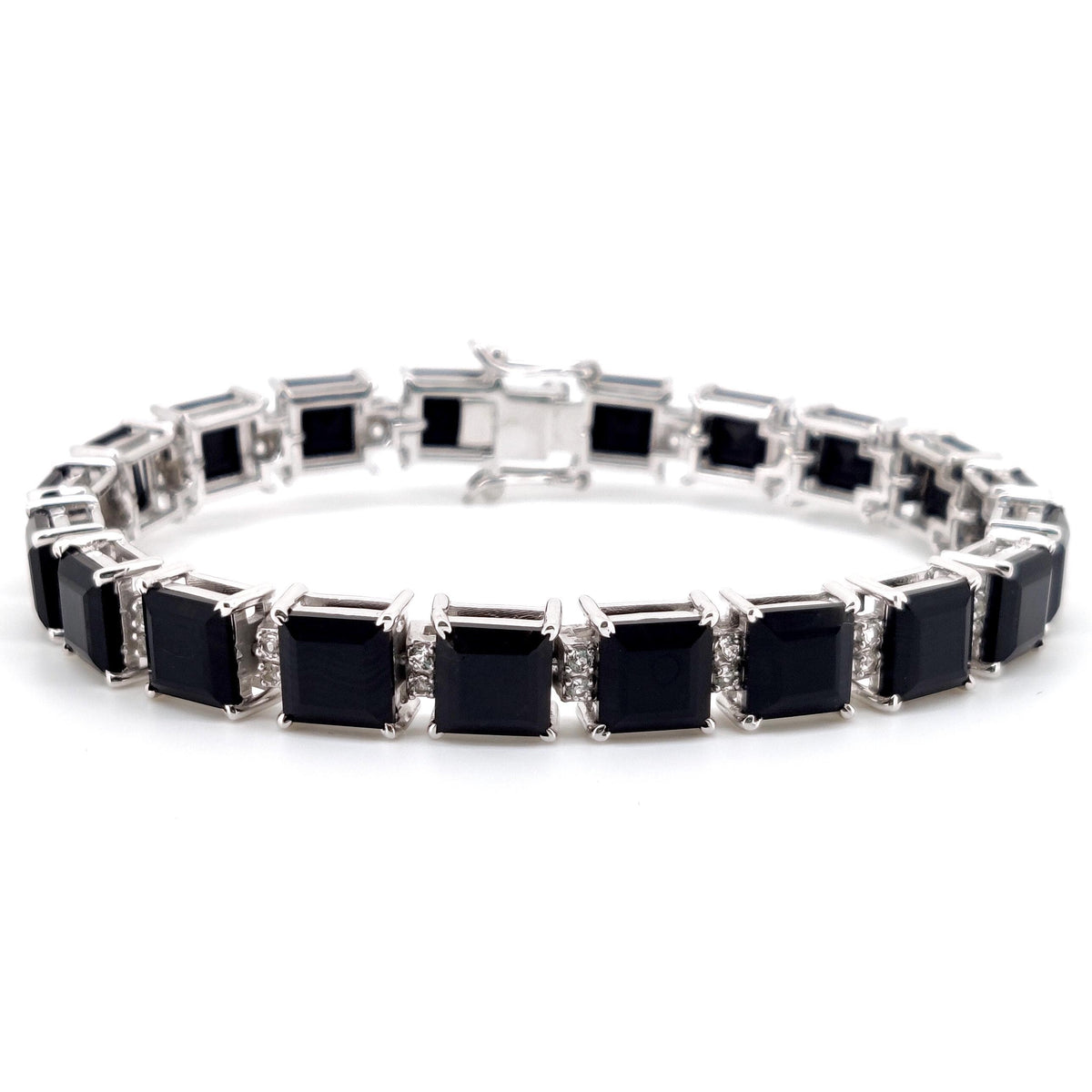 Black Onyx Tennis Bracelet: Sterling Silver, 7mm Square Faceted Gemstone, December Birthstone