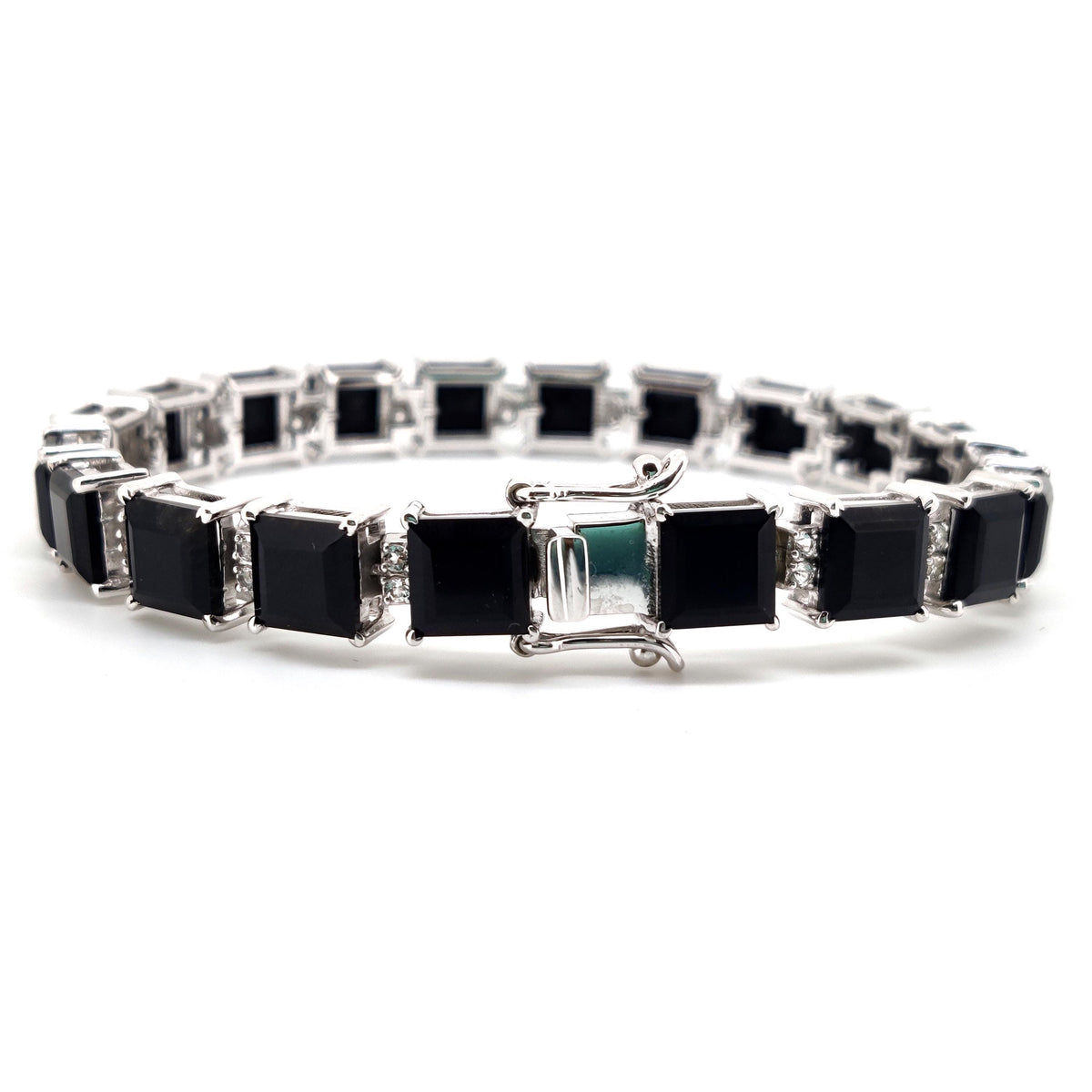 Black Onyx Tennis Bracelet: Sterling Silver, 7mm Square Faceted Gemstone, December Birthstone