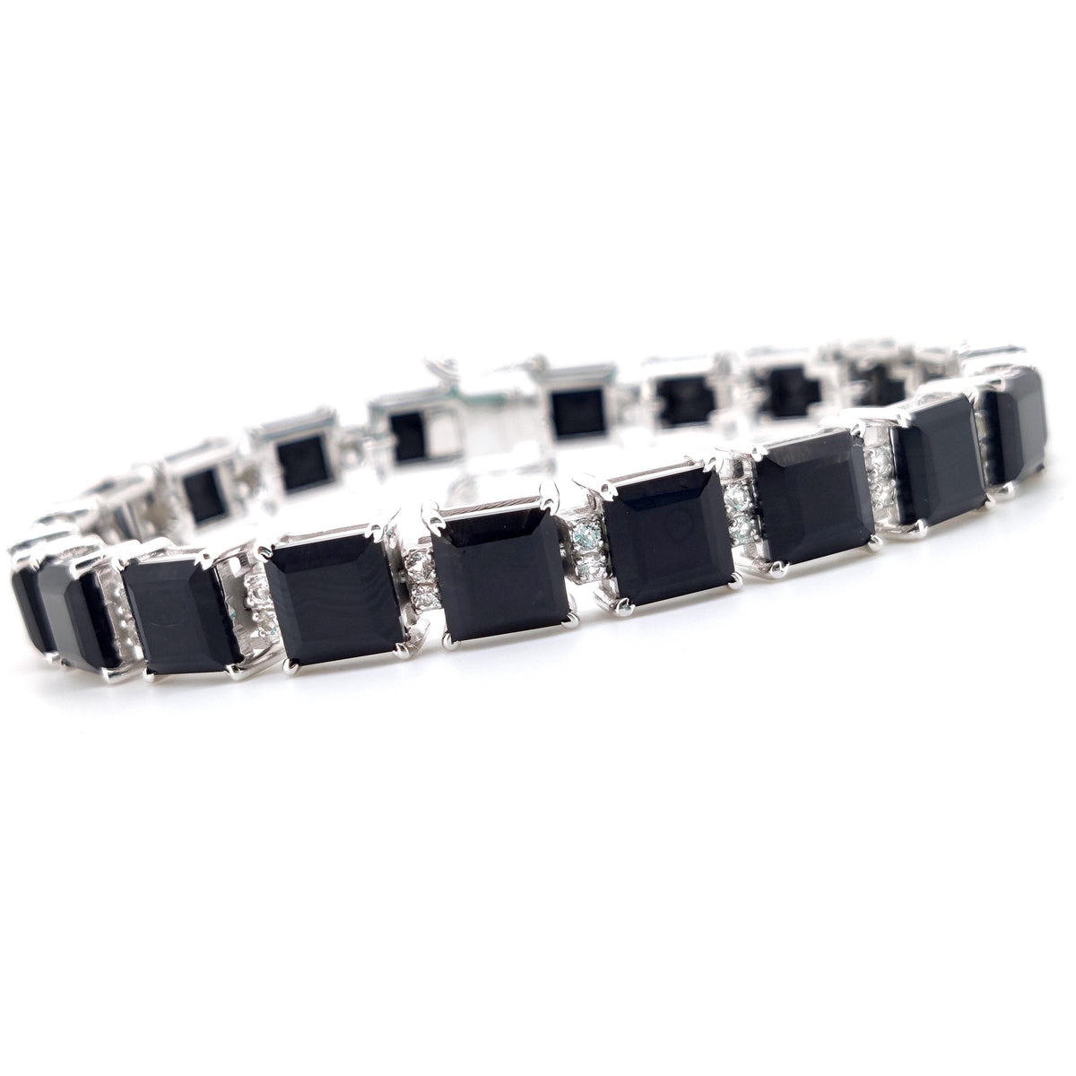 Black Onyx Tennis Bracelet: Sterling Silver, 7mm Square Faceted Gemstone, December Birthstone