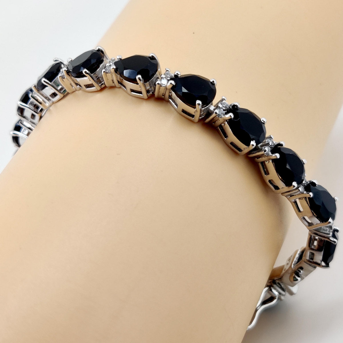 Natural Black Onyx Pear Tennis Bracelet, 6x8mm Sterling Silver Gemstone Bracelet
