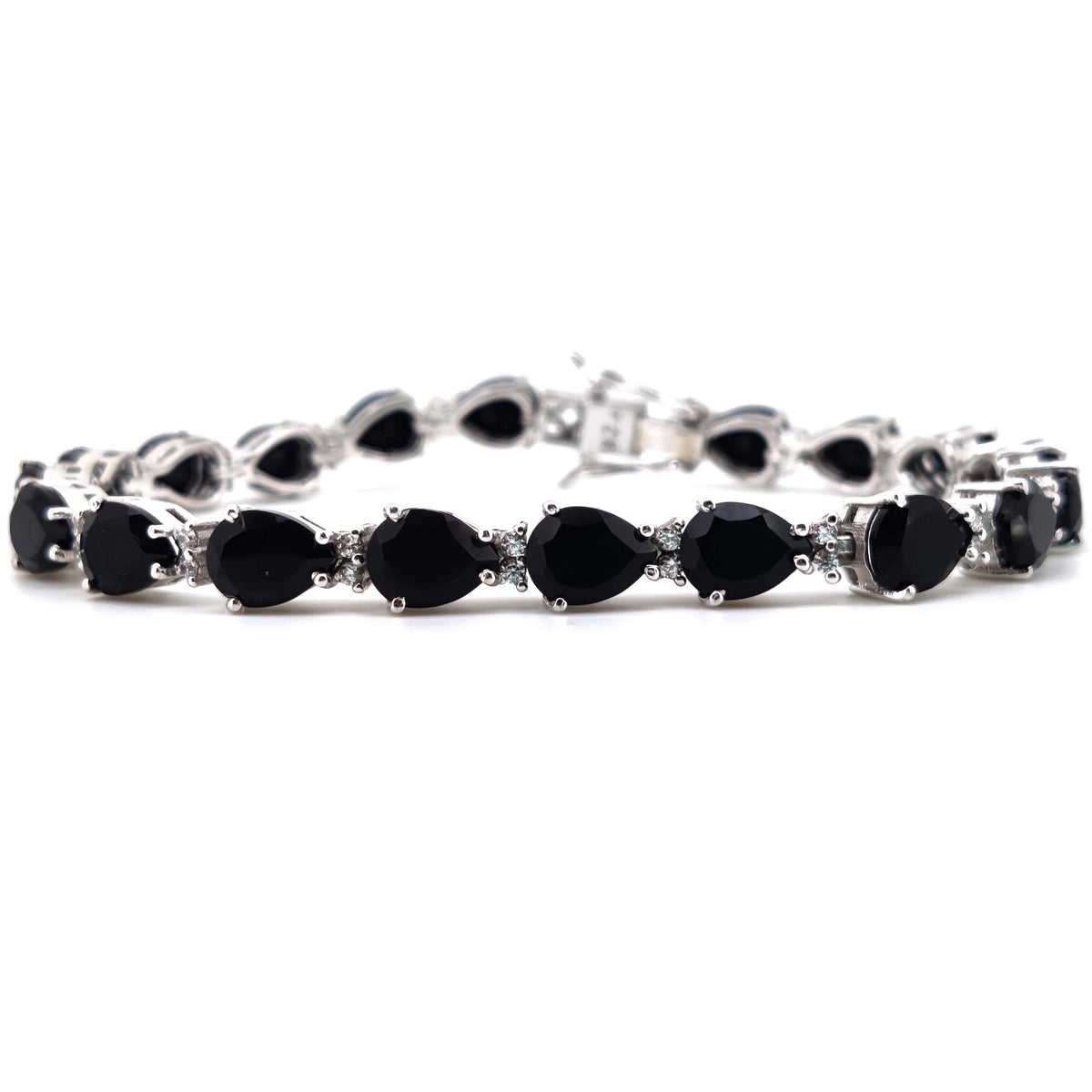 Natural Black Onyx Pear Tennis Bracelet, 6x8mm Sterling Silver Gemstone Bracelet