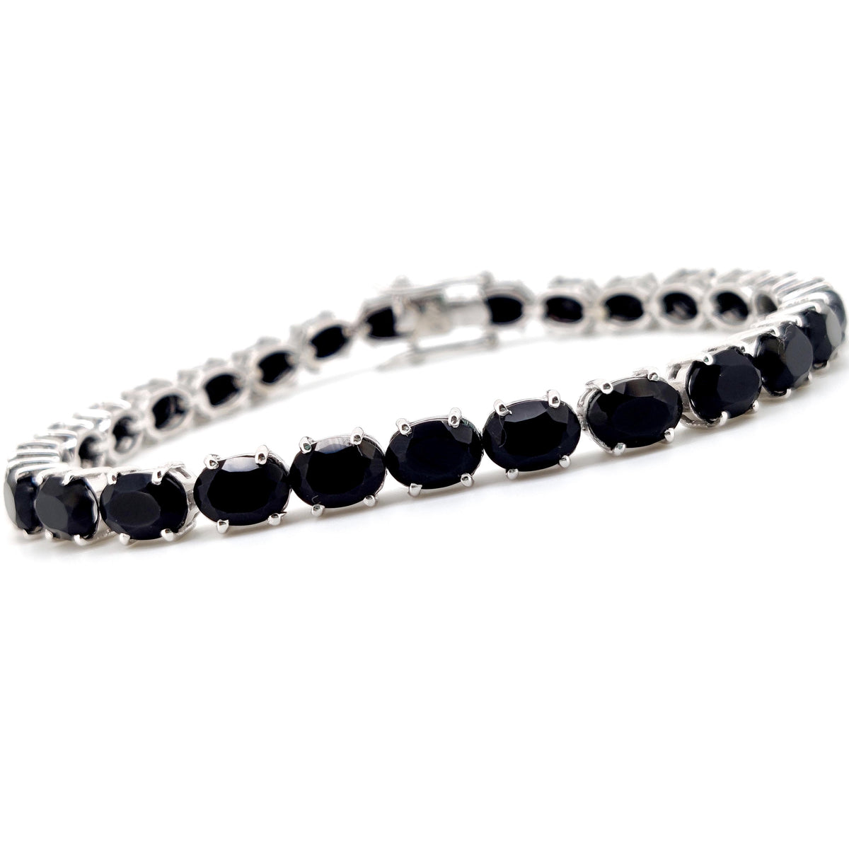 Natural Black Onyx Oval Tennis Bracelet, Sterling Silver, December Birthstone