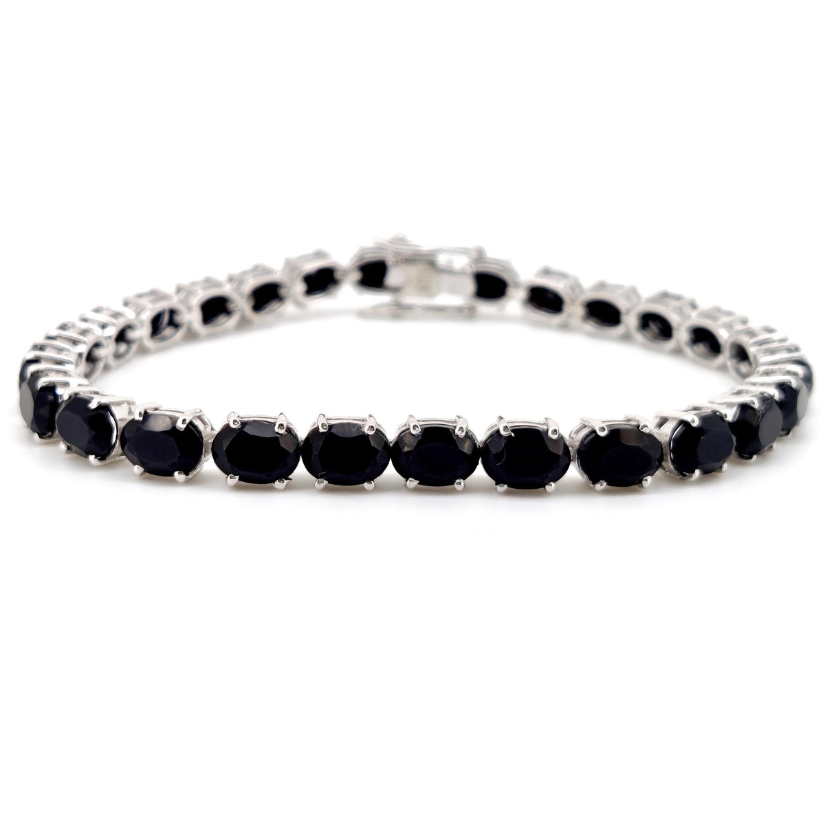 Natural Black Onyx Oval Tennis Bracelet, Sterling Silver, December Birthstone