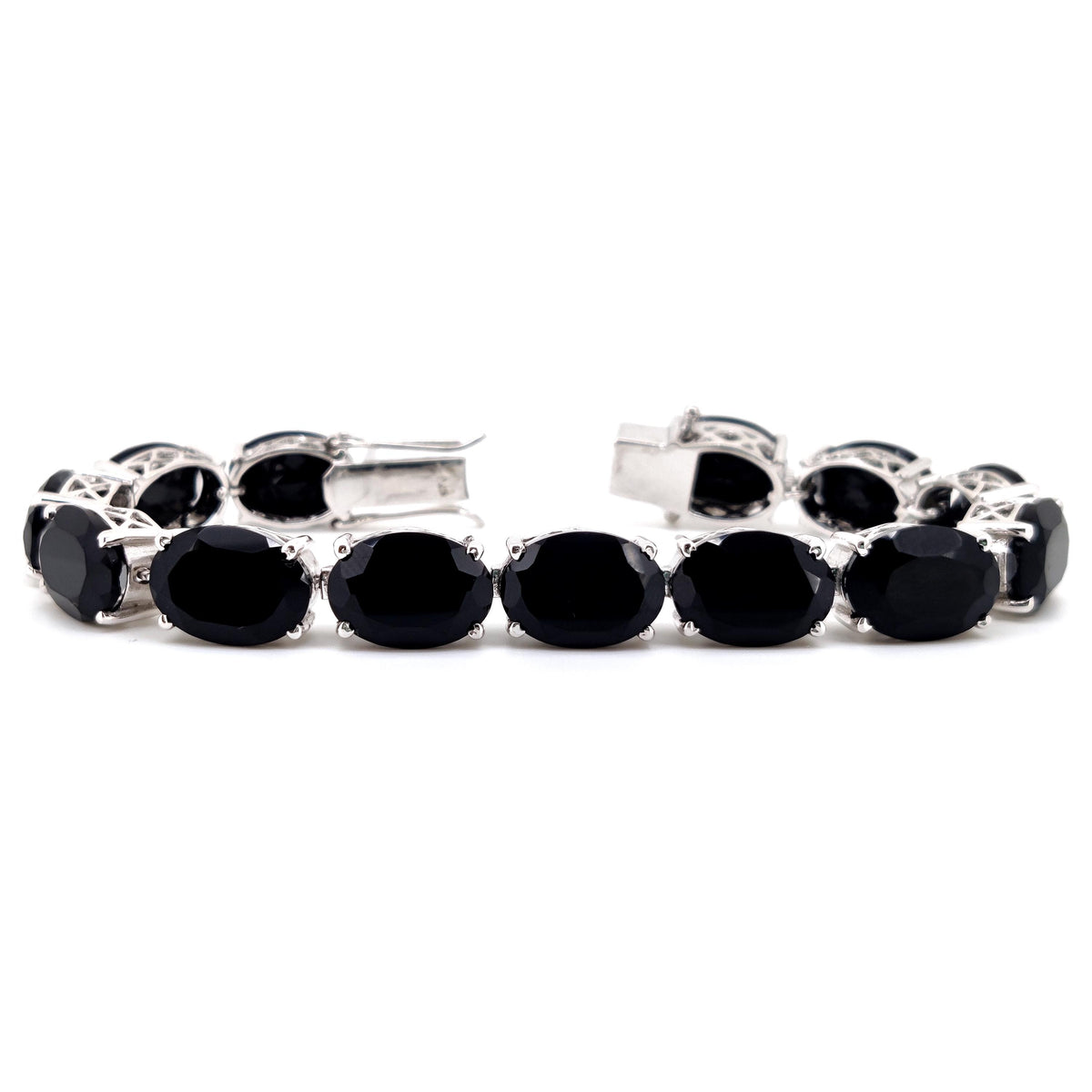 Natural Black Onyx Oval Gemstone Tennis Bracelet | Sterling Silver Statement Jewelry