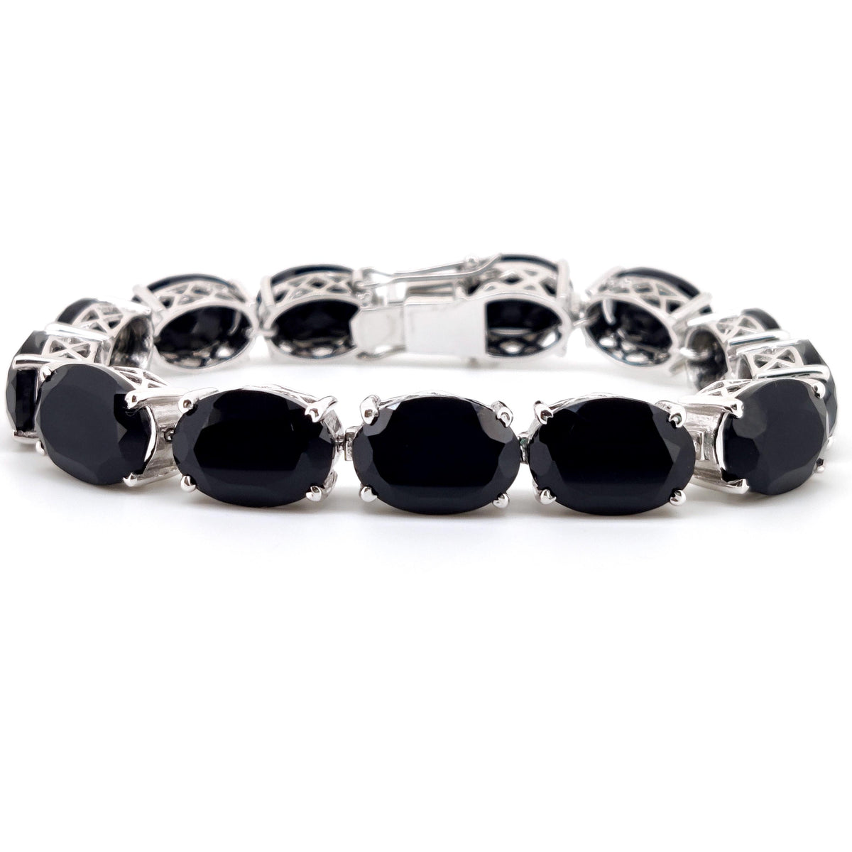 Natural Black Onyx Oval Gemstone Tennis Bracelet | Sterling Silver Statement Jewelry