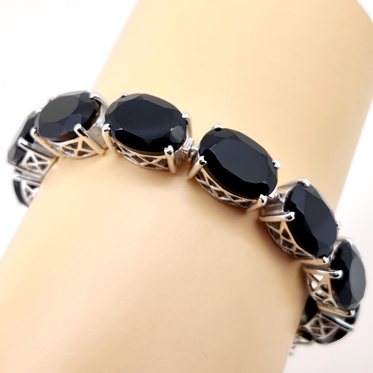 Natural Black Onyx Oval Gemstone Tennis Bracelet | Sterling Silver Statement Jewelry